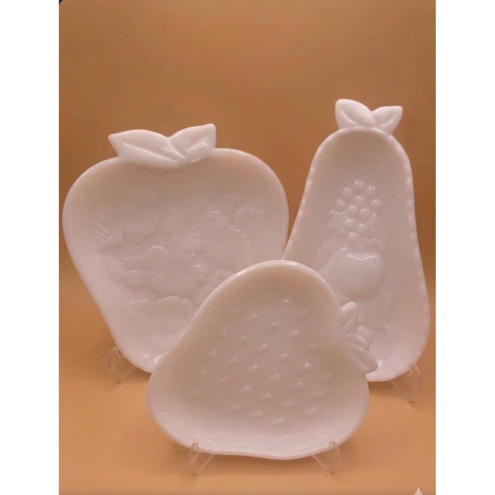 Vintage Hazel Atlas Milk Glass Fruit Dishes Set of 3 Strawberry Pear Apple MCM